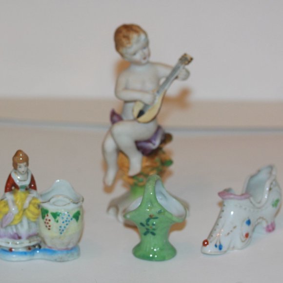 4 Occupied Japan Figurines Shoe basket small vase Child Vintage Porcelain - Picture 1 of 6